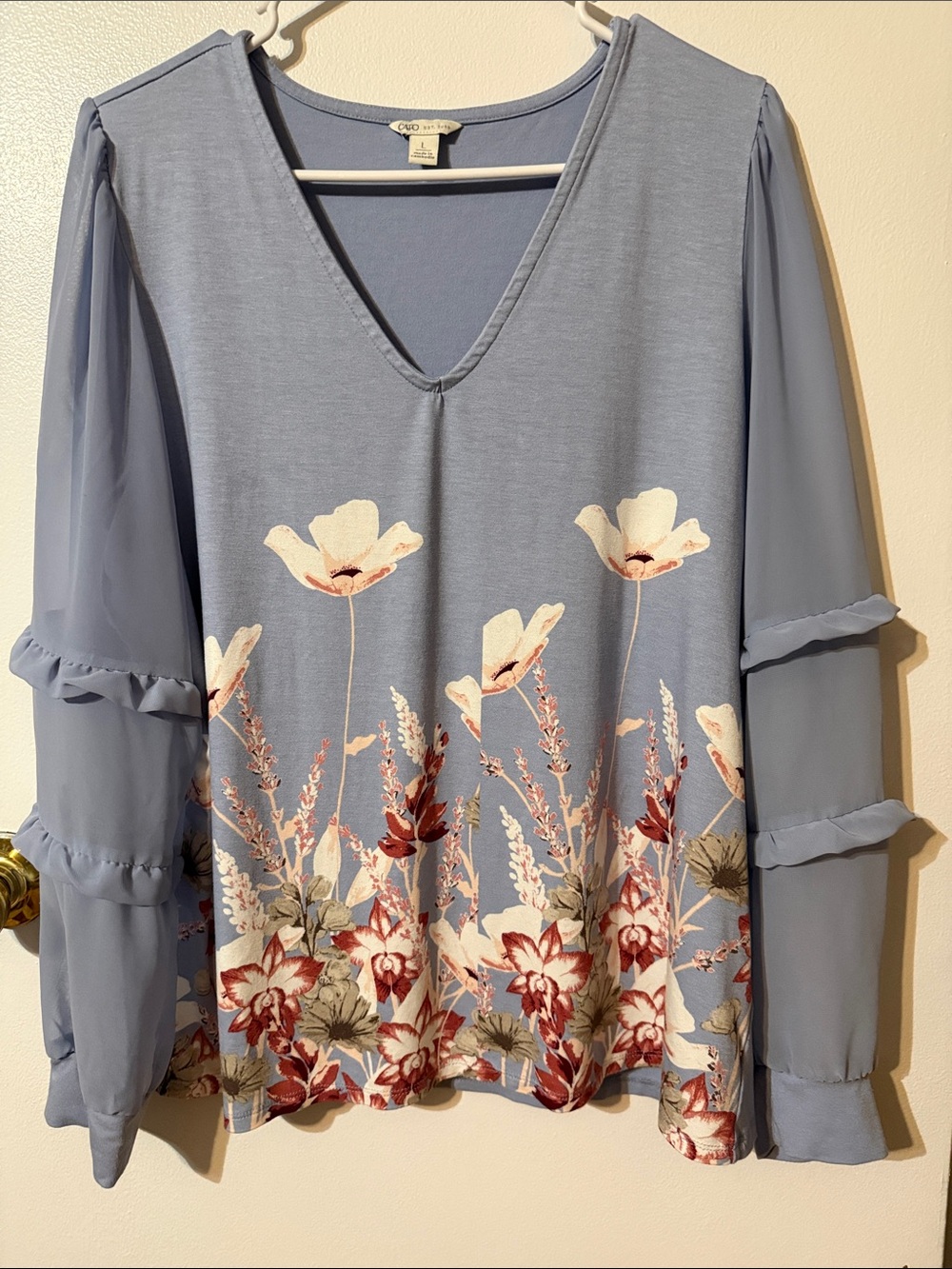 Cato Light Blue Floral V-Neck Blouse with Sheer Sleeves